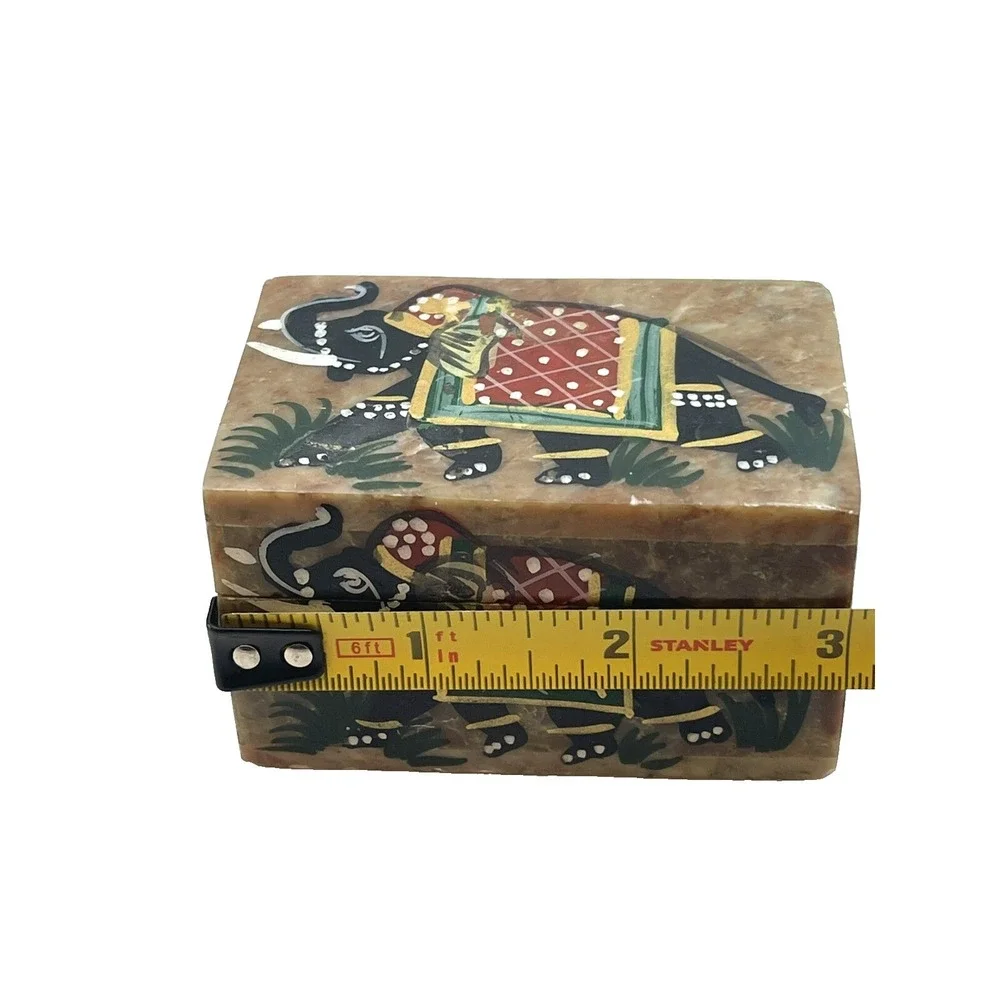 Hand Painted Handmade Soapstone Elephant & Peacock Trinket Jewelry Boxes Set